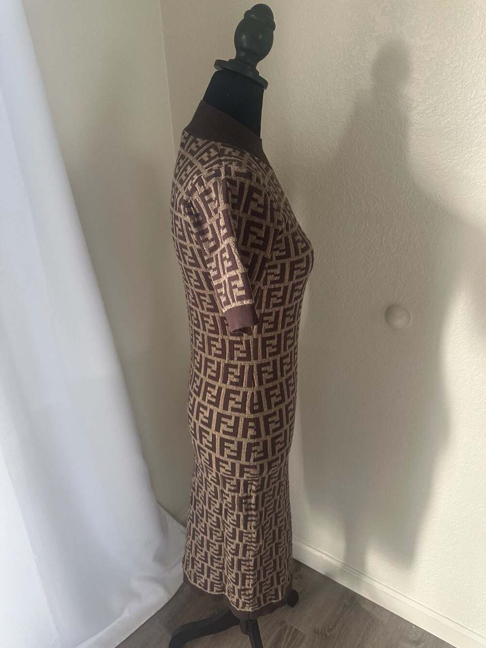 Fendi FF Monogram Knit Mock Neck Short Sleeve Midi Dress - Picture 3 of 10